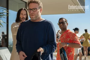 Keanu Reeves, Seth Rogen, and Aziz Ansari in 'Good Fortune'.