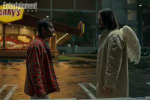 Keanu Reeves, Seth Rogen, and Aziz Ansari in 'Good Fortune'.