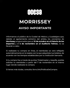 Morrissey cancela conciertos en CDMX y Guadalajara por agotamiento